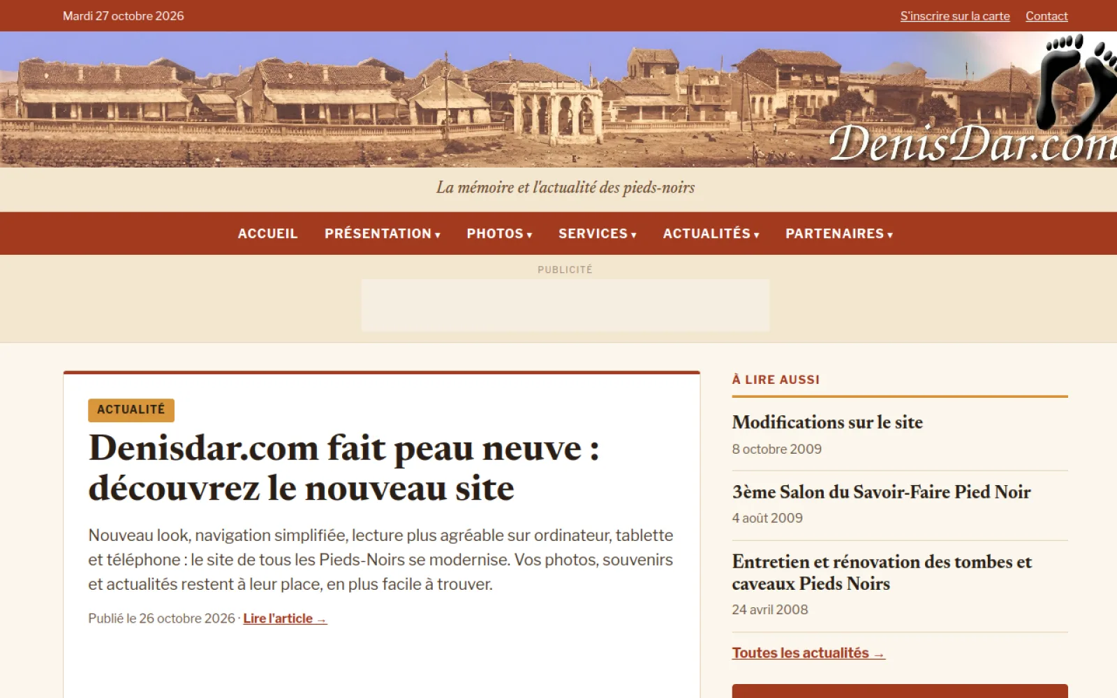 Nouvelle page d'accueil de denisdar.com : menu clair, article à la une et colonnes modernes
